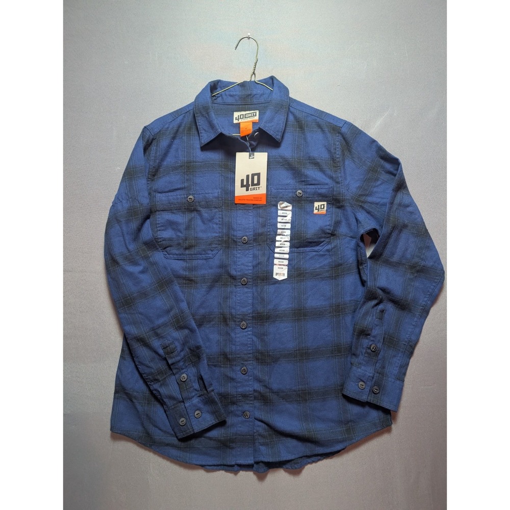 40 Grit By Duluth Flannel Shirt Mens Medium Blue Black Plaid Cotton Button Up